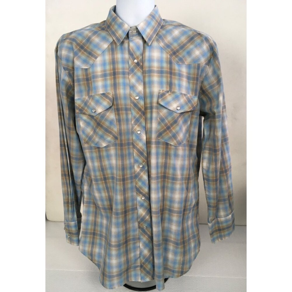 Gibson Trading Co Pearl Snap Shirt Men Size L Blue Tan White Plaid Pockets
